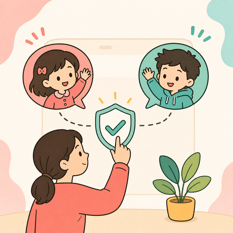 ふたりの子どもがつながる前に、保護者が承認マークを確かめているイラスト