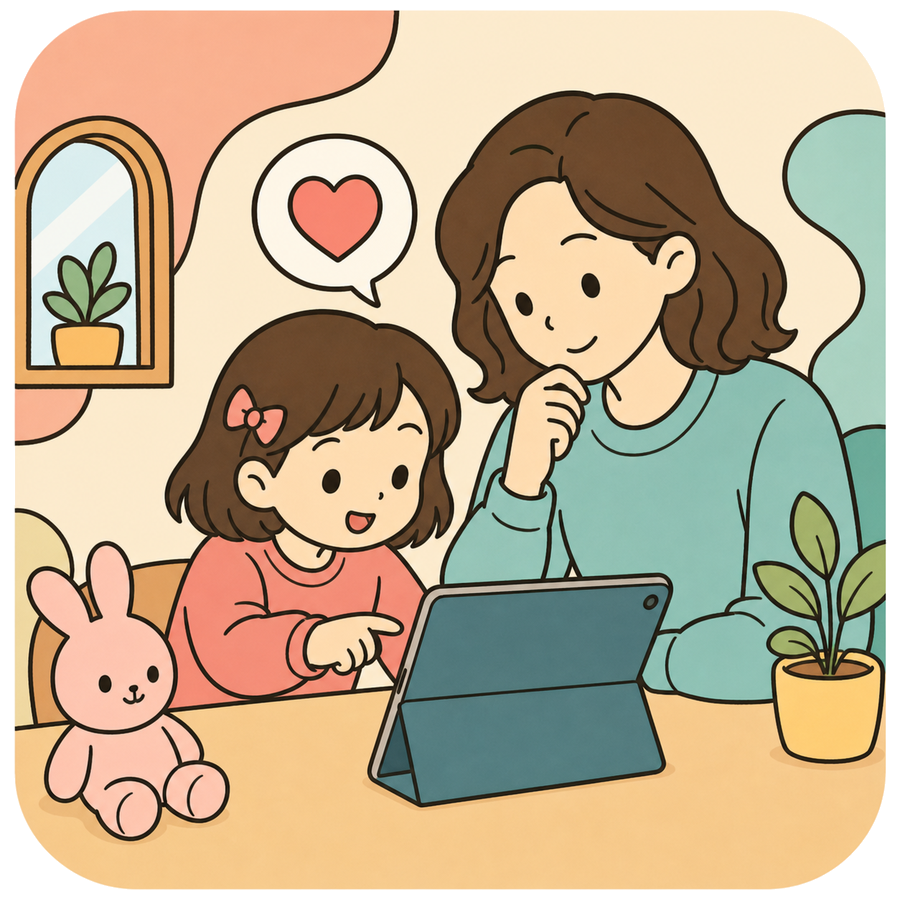 保護者と子どもが、タブレットの画面をいっしょに見ているイラスト
