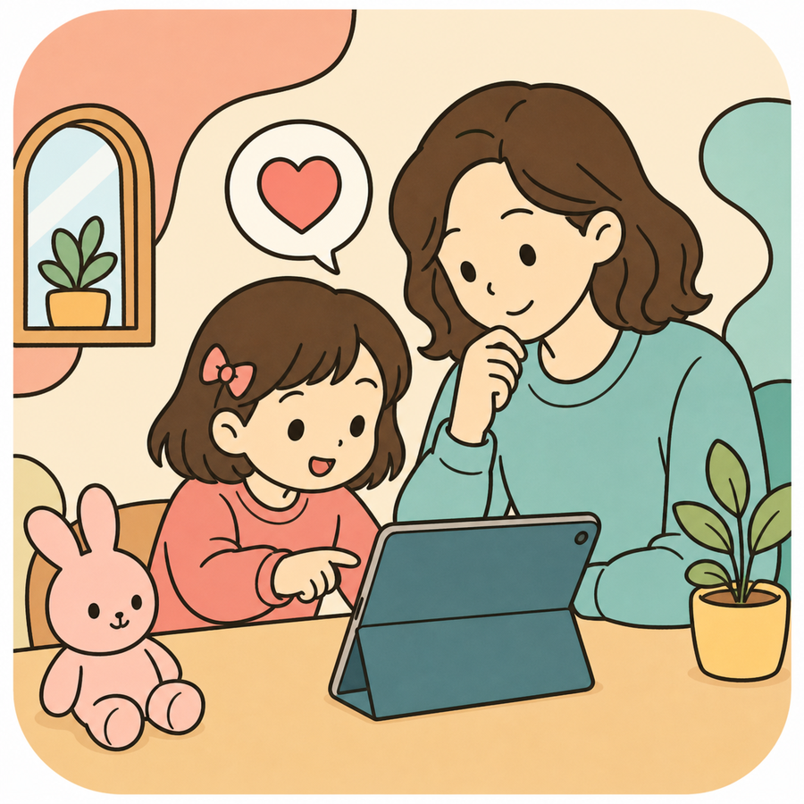 保護者と子どもが、タブレットの画面をいっしょに見ているイラスト