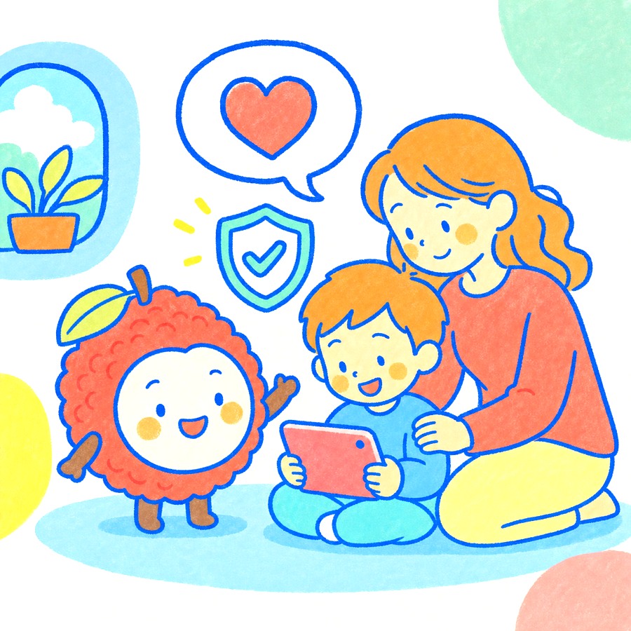 らいちのキャラクターと、タブレットを一緒にのぞきこむ保護者と子ども
